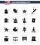 Happy Independence Day Pack of 16 Solid Glyphs Signs and Symbols for casino; sports; men; bat; ball