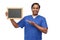 happy indian male doctor or nurse with chalkboard