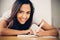 Happy Indian woman student education writing studying