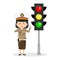 Happy Indonesian Police Character Stand Beside Traffic Lamp