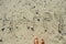 Happy inscription written on white sand beach. Sunny seaside vacation day.