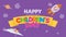 Happy International Children`s Day greeting card. Colored letters on a yellow ribbon with a child flying on a rocket