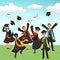 Happy international graduates with diplomas and graduation hats vector illustration