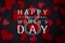 Happy International Women`s Day lettering with white text on black background with red heart