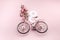 Happy International Womens Day celebrate on eight March. Number eight with pink bicycle on pink background