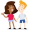 Happy interracial cartoon couple holding hands