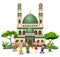 Happy islamic kids cartoon playing in front of a mosque