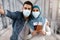 Happy Islamic Spouses In Protective Medical Face Masks Taking Selfie In Airport