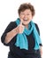 Happy isolated older lady wearing blue clothes with thumb up gesture over white.