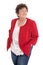 Happy isolated senior woman wearing red jacket looking sideways
