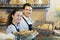Happy italian couple enjoying selling fresh made bread
