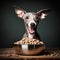 A happy Italian Greyhound dog puppy eagerly eating its kibble from a bowl by AI generated