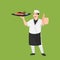 Happy Japanese chef cartoon portrait of young big guy cook wearing hat and chef uniform hold dish of sushi and do thumb up sign ge