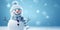 Happy jolly snowman on blue background. Seasons greetings