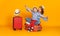 Happy journey! family of travelers mother and child  with suitcases tickets and passports on yellow background
