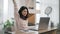 Happy joyful latin female entrepreneur, Remote home office concept background 4K