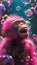 Happy joyful laughing anthropomorphic hyperrealistic monkey with pink fur and opened mouth surrounded by large soap bubbles. Cute