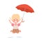 Happy jumping little girl with opened red umbrella flat style