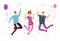 Happy jumping people with falling confetti, balloons at fun birthday party. Friends celebrating event. Vector flat