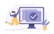 Happy jumping woman with checkmark on desktop. Task completed or finished work concept. Flat style vector illustration