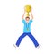 Happy jumping young man with medal around neck holding goblet over head flat style