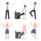 Happy, jumping young office man, woman vector. Hopping, hands up, having fun, sitting side view boy, girl cartoon character