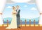 Happy Just Married Couple at Wedding Ceremony on Beach Resort, Honeymoon Vacation Flat Vector Illustration