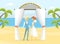 Happy Just Married Couple at Wedding Ceremony, Romantic Bride and Groom Characters on Beach Resort Vector Illustration