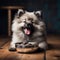 A happy Keeshond dog puppy eagerly eating its kibble from a bowl by AI generated