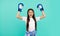 happy kid boxer celebrate victory in boxing gloves during sport training, copy space, success