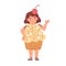 Happy kid disguised in funny carnival costume of sweet cupcake. Girl wearing dessert candy shaped clothes for Halloween