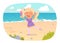 Happy kid eating ice cream on sea beach with funny sand castle, girl holding sorbet