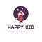 Happy kid funny logo with winter boy in sweater standing catching snowflakes with his mouth isolated.