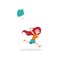 Happy kid girl character running with blue kite. Young girl having fun outdoors. Vector flat style cartoon illustration