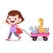 happy kid girl pulling wagon toys pet vector