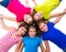 Happy kid girls group smiling aerial view lying circle