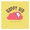 Happy kid logo with baby sleeping in pink cloud silhouette isolated on yellow background.