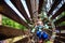 Happy kid overcomes obstacles in rope adventure park. Summer holidays concept. Little boy playing at rope adventure park. Modern