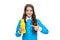 Happy kid point index finger at yellow plastic liquid drinking bottle, beverage product