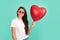 happy kid in sunglasses hold red heart party balloon for valentines day love symbol, sweetheart