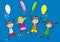 Happy kids and balloons, funny vector icon