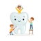 Happy kids brushing a big toorh with a brush and toothpaste, cute cartoon characters vector Illustration