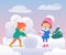 Happy kids building snowman in winter. Children in cold weather having fun outdoor vector illustration. Girl and boy