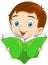 Happy kids cartoon. Boy reading a green book