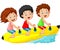 Happy kids cartoon riding a banana boat