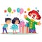 Happy kids celebrate a birthday. A cheerful clown makes a surprise, juggles balls and gives children gifts. , Cartoon