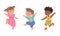 Happy kids dancing set. Energetic little children in motion cartoon vector illustration