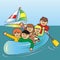 Happy kids and dog at canoe, funny vector illustration