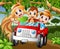 Happy kids driving a car with a monkey in the forest