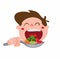 Happy kids eat vegetable, boy holding spoon with carrot, broccoli and tomato. symbol, icon, logo in cartoon flat vector